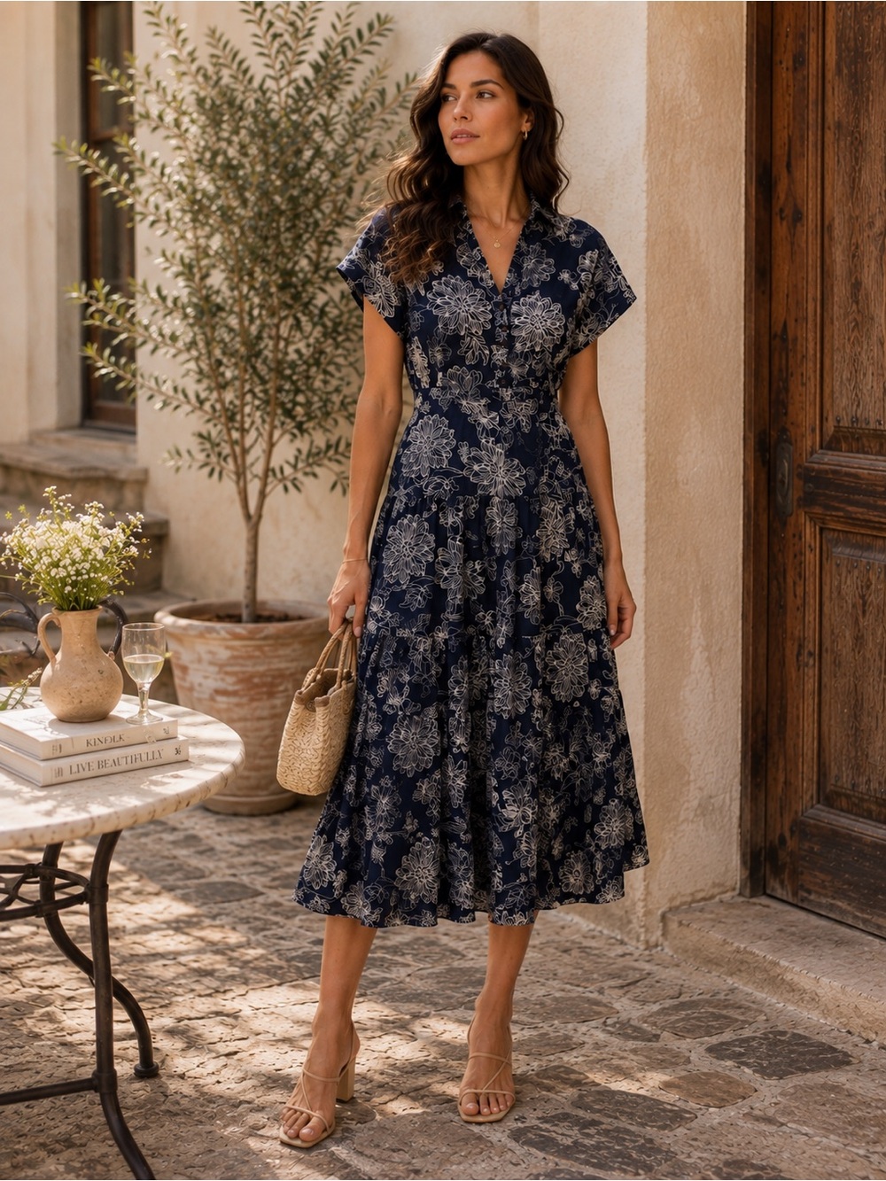 En Saison Floral Embroidered Maxishirt Dress Cotton Navy Blue Resort NWT M
